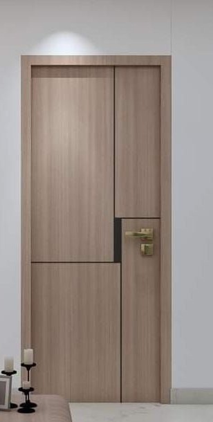 Grey oak engineer door with stepped panel joints and brass handle