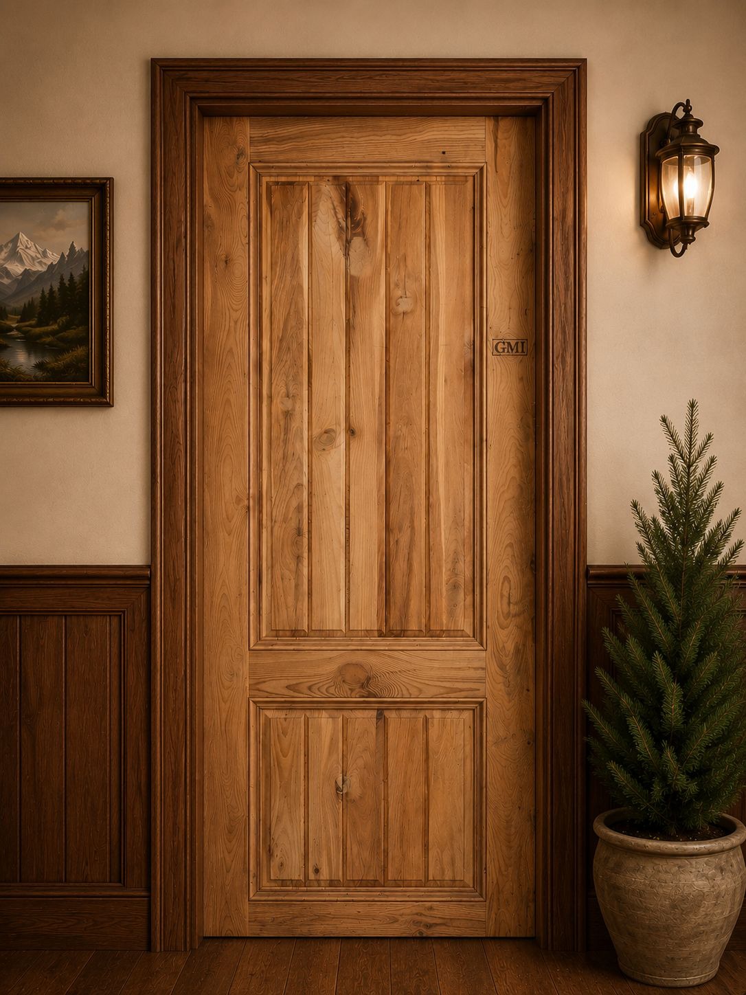 Rustic solid oak two panel plank door with deep moulded surround