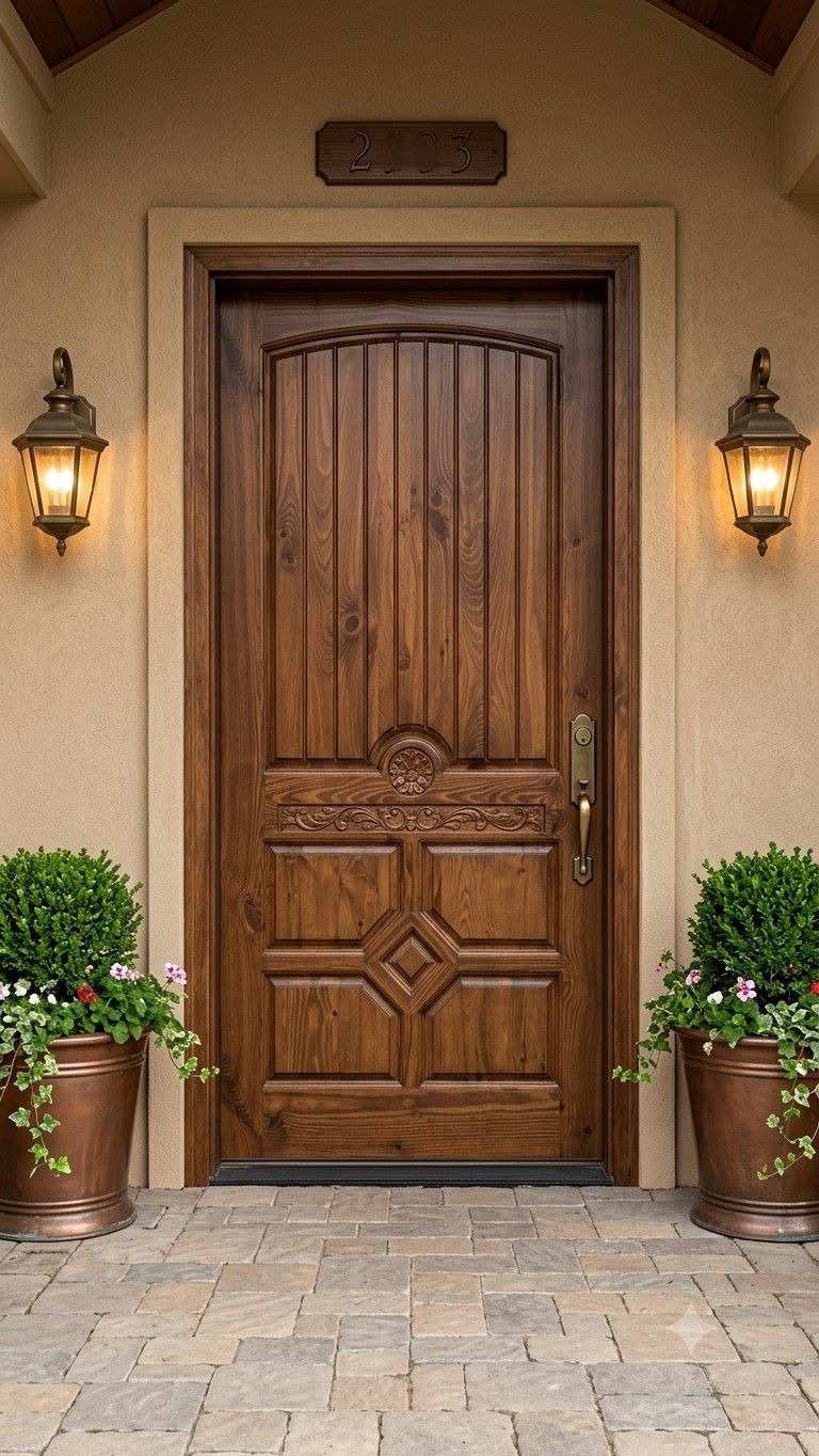 Solid walnut arched plank entrance door with carved floral band and brass handle