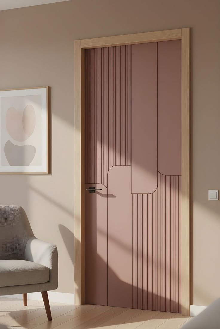 Two-tone blush modern door with reeded panels and curved contour