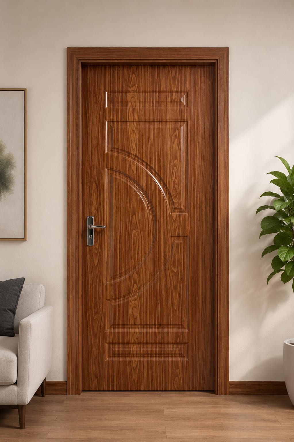 Glossy walnut door with a single sweeping arc groove
