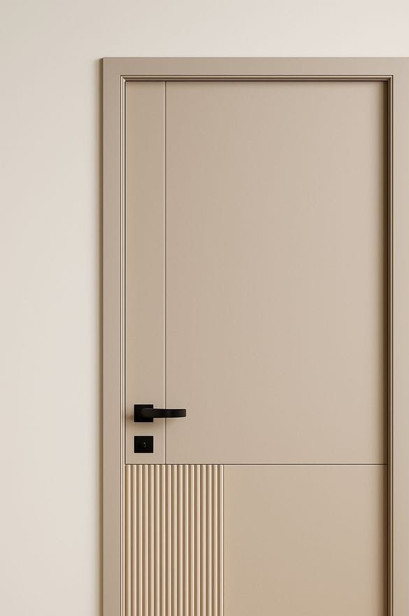 Taupe painted modern door with fluted lower panel and black handle