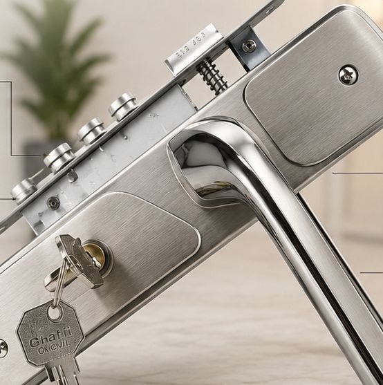Brushed stainless steel door handle lockset with keys