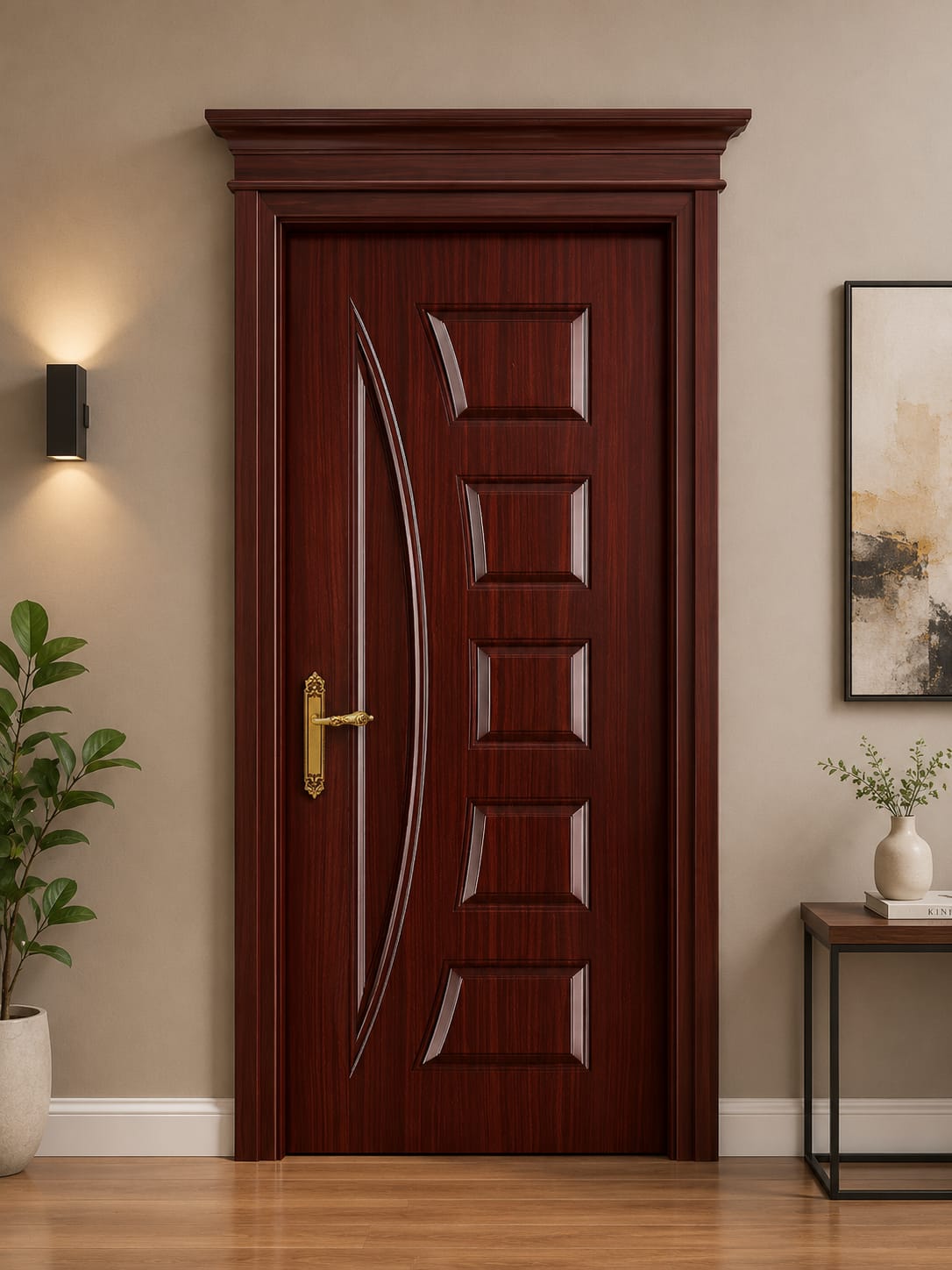 Glossy mahogany door with curved groove and five raised panels