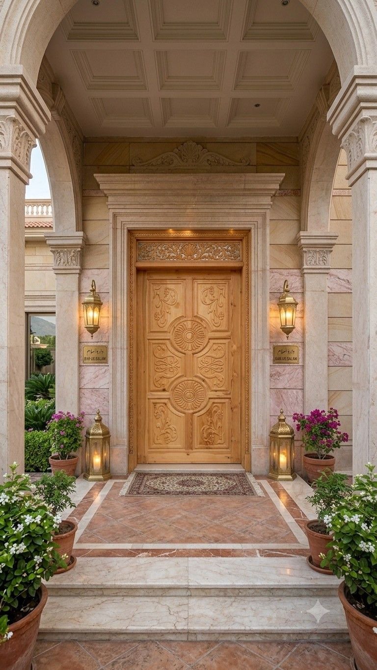 Grand carved double main entrance door in pale golden solid wood