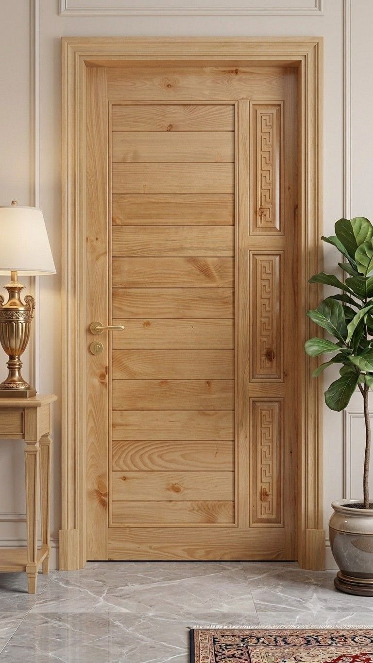 Solid pine plank door with carved Greek key side panels and brass lever