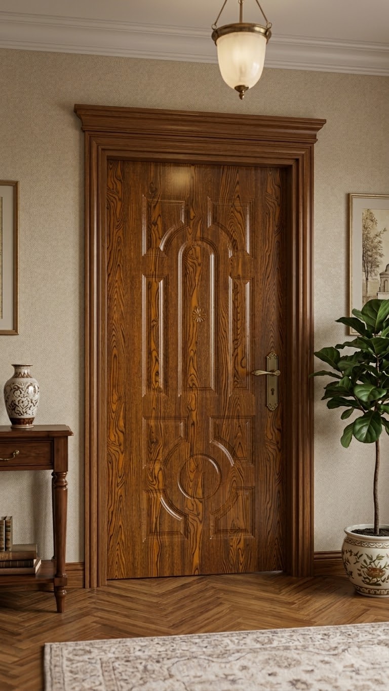 Polished teak entrance door with layered arch panelling