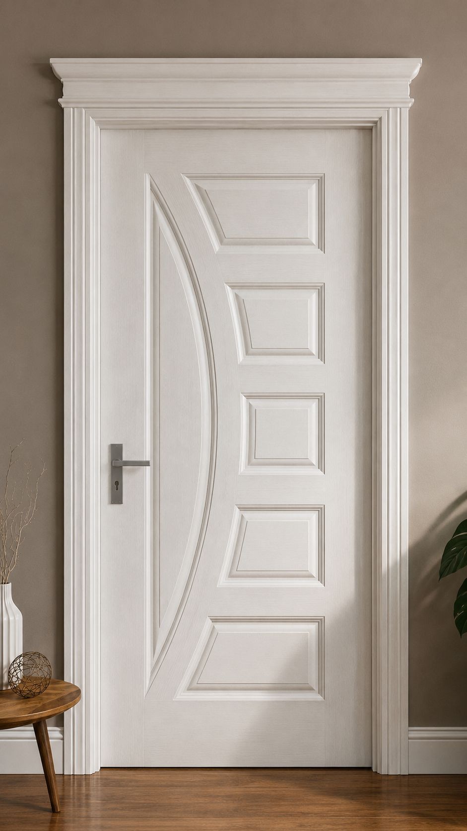 White melamine door with a sweeping curve groove and stepped panels