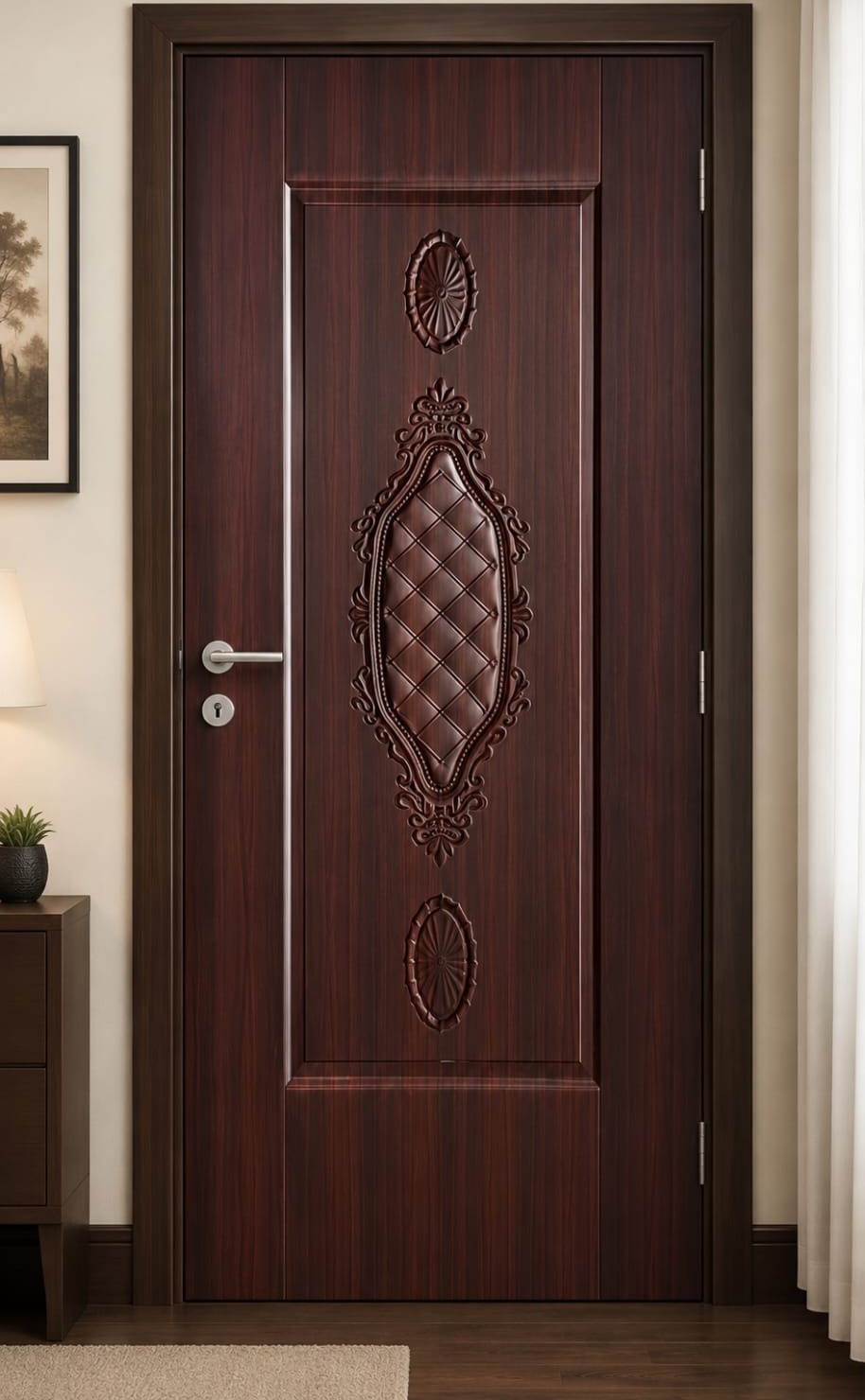 Dark rosewood bedroom door with diamond quilted carved medallion