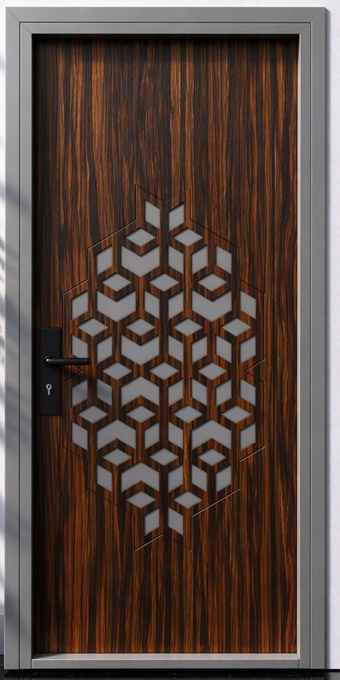 Turkish door with raised 3D geometric flower pattern on walnut