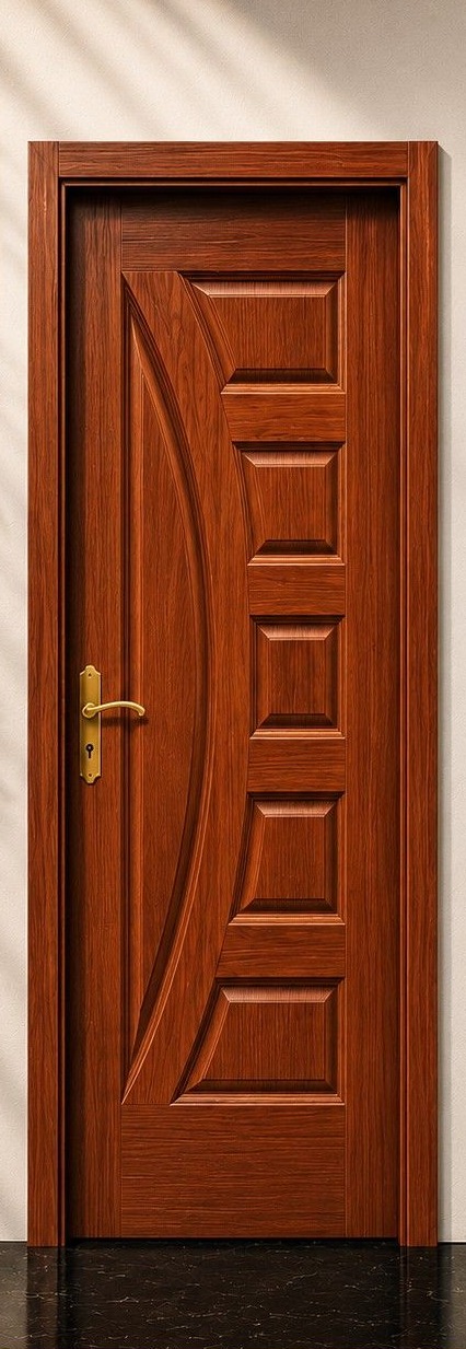 Mahogany Malaysian door with a curved groove across panelled face