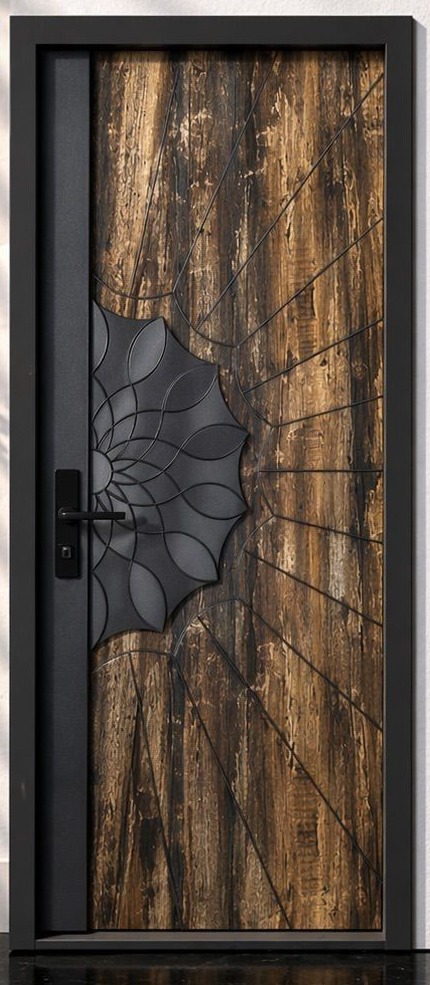 Turkish door with a carved sunflower motif on rustic wood