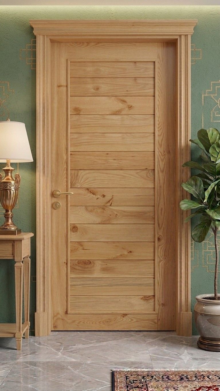 Natural pine horizontal plank door with a moulded crown frame
