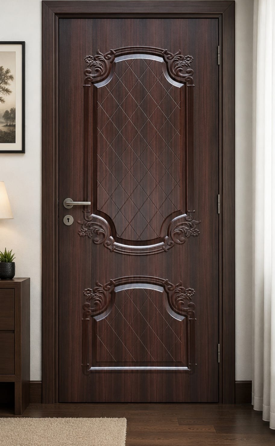 Ornate rosewood door with floral corner carvings and quilted panels