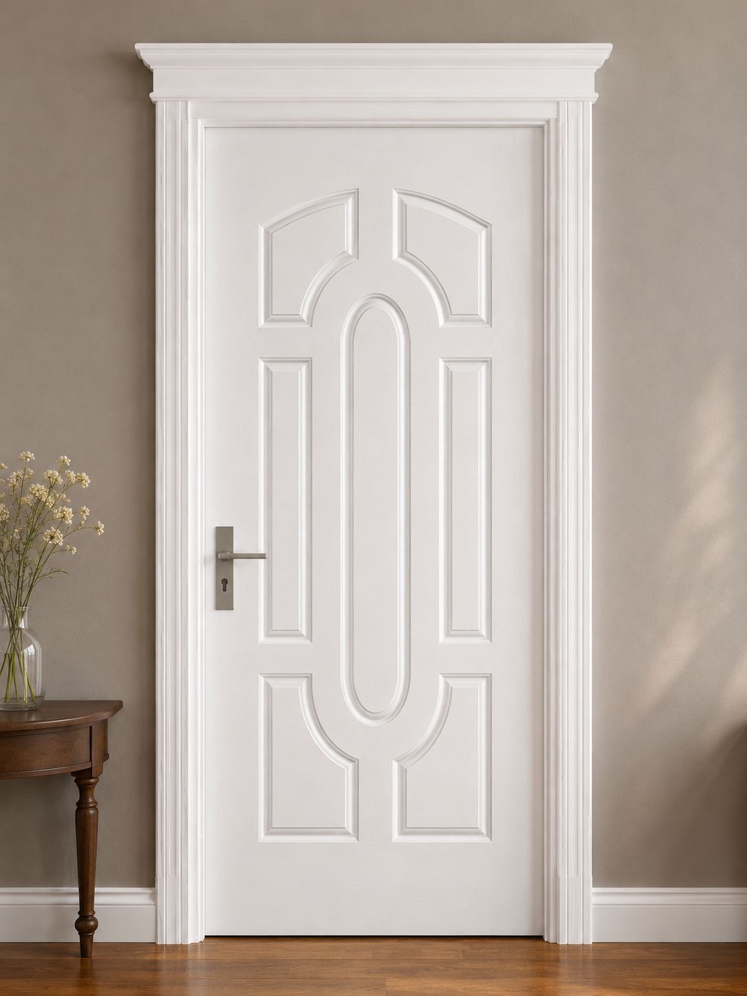 White melamine door with a tall slim arch outline routed at the centre