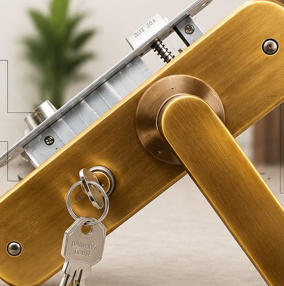 Brushed gold door handle lockset with brass cylinder keys
