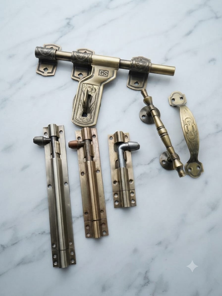 Antique brass aldrop, tower bolts and handle set on marble