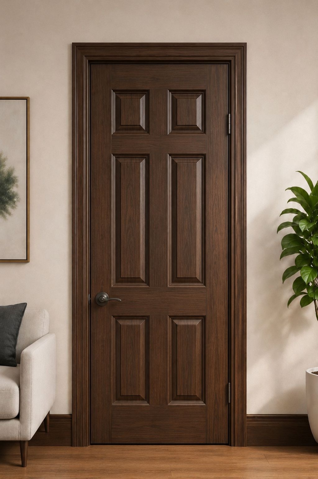 Deep walnut six-panel Malaysian door in a bright living room