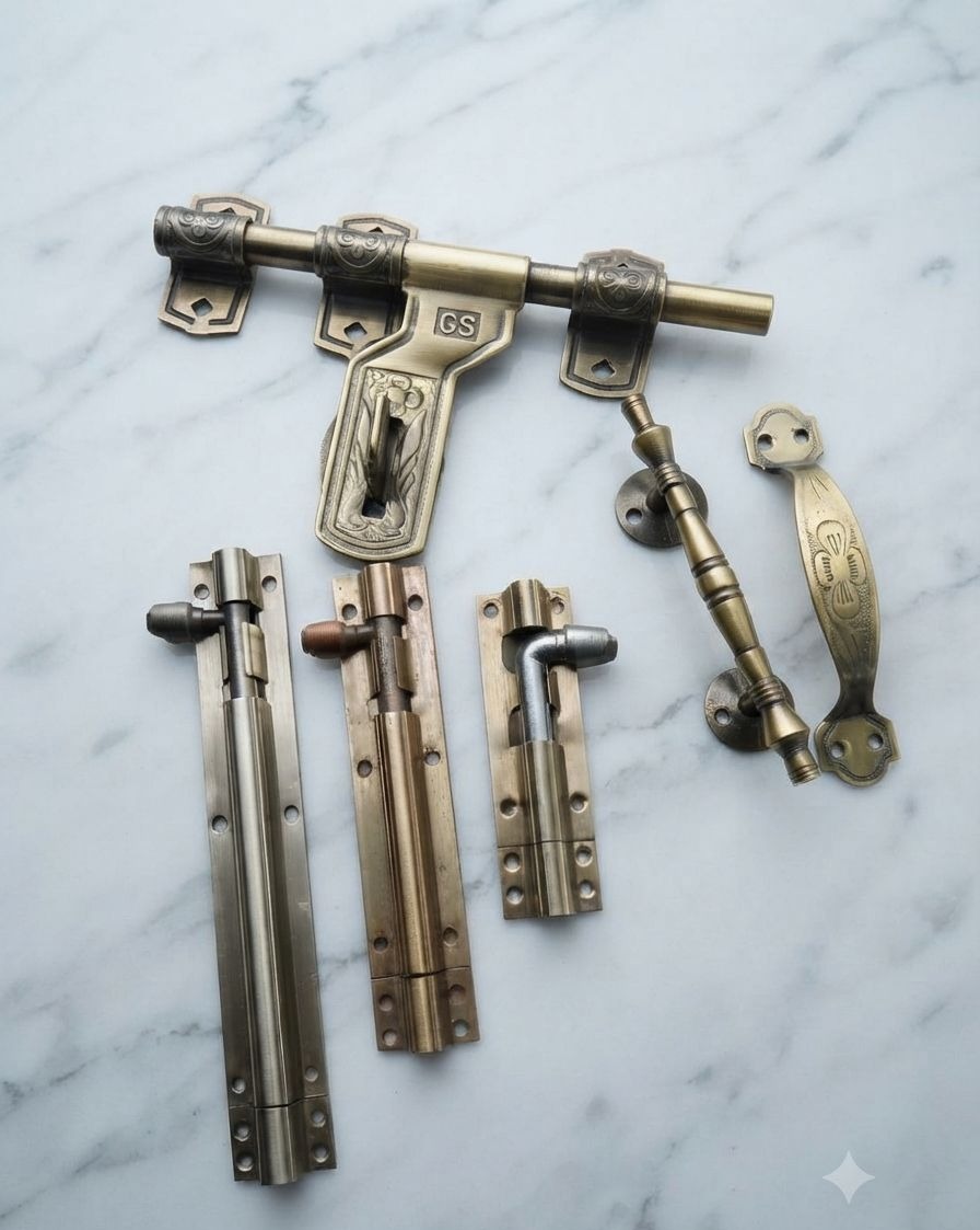 Antique brass aldrop and tower bolt set arranged on marble