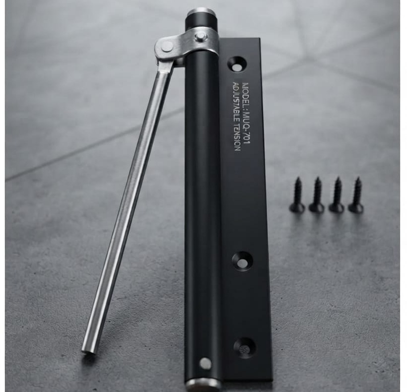 Matte black adjustable tension door closer with screws