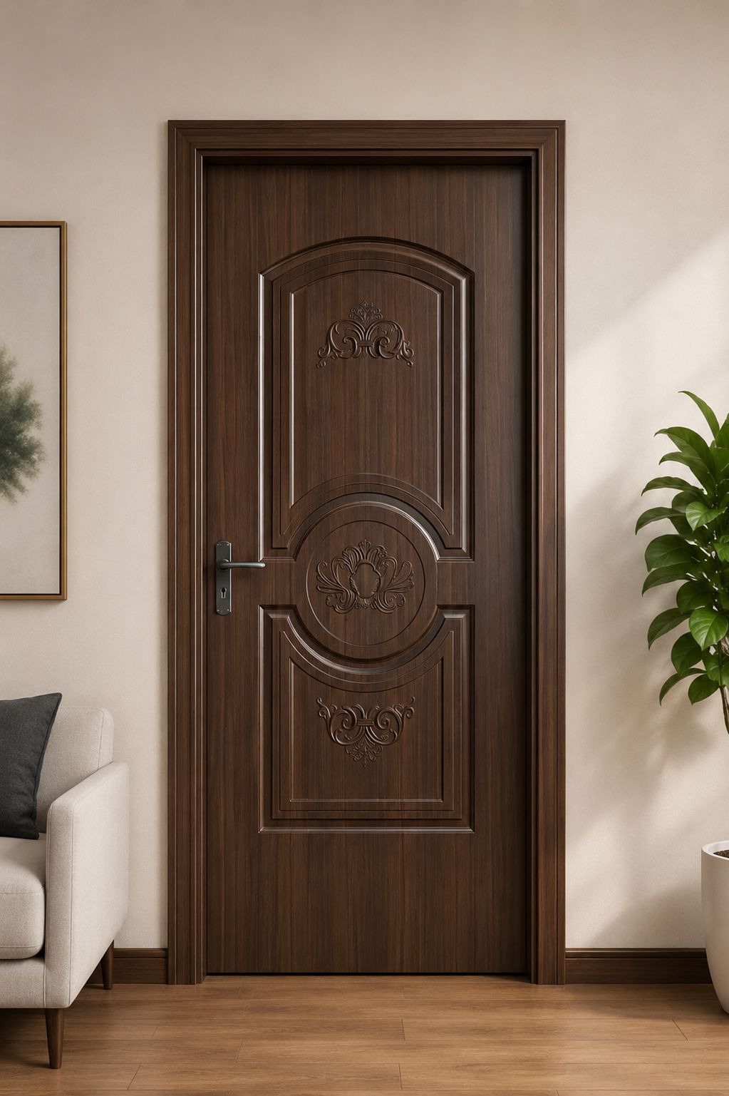 Walnut melamine door with arched panel and carved rondel motif