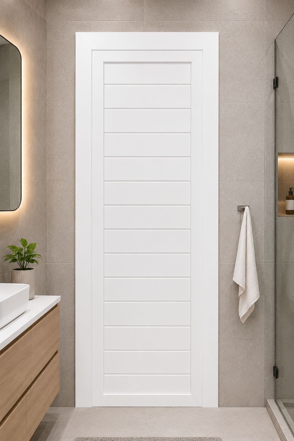 White PVC door with horizontal slat lines in a modern bathroom