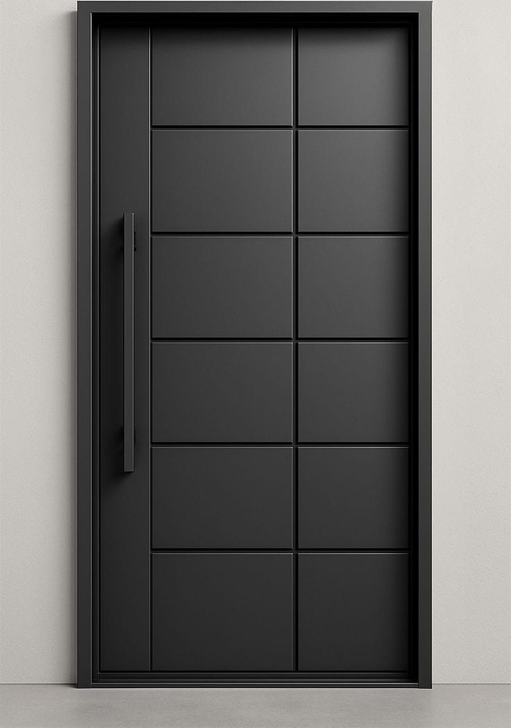 Matte black entrance door with grid panelling and a tall pull handle