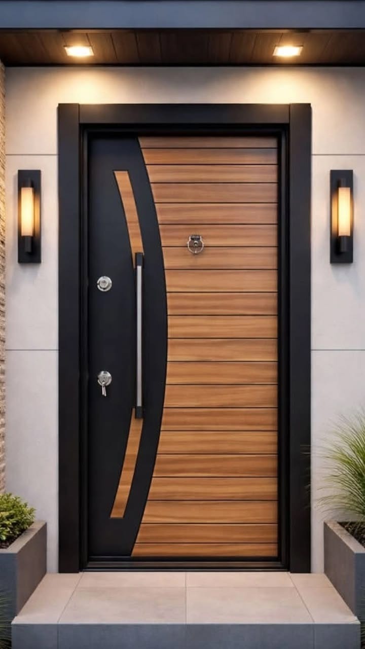 Teak slatted main entrance door in a matte black frame with steel pull handle