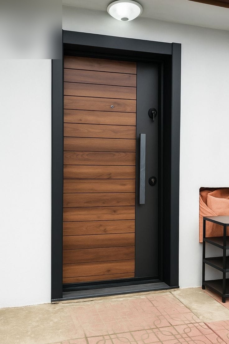 Walnut slatted main entrance door with charcoal panel and steel pull handle