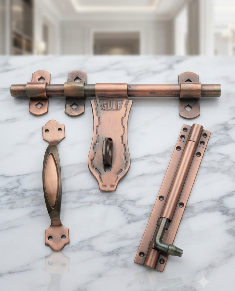 Copper finish door aldrop, handle, latch and tower bolt on marble
