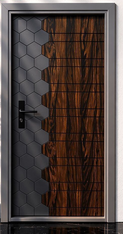 Turkish door with hexagonal graphite panel beside rich wood grain