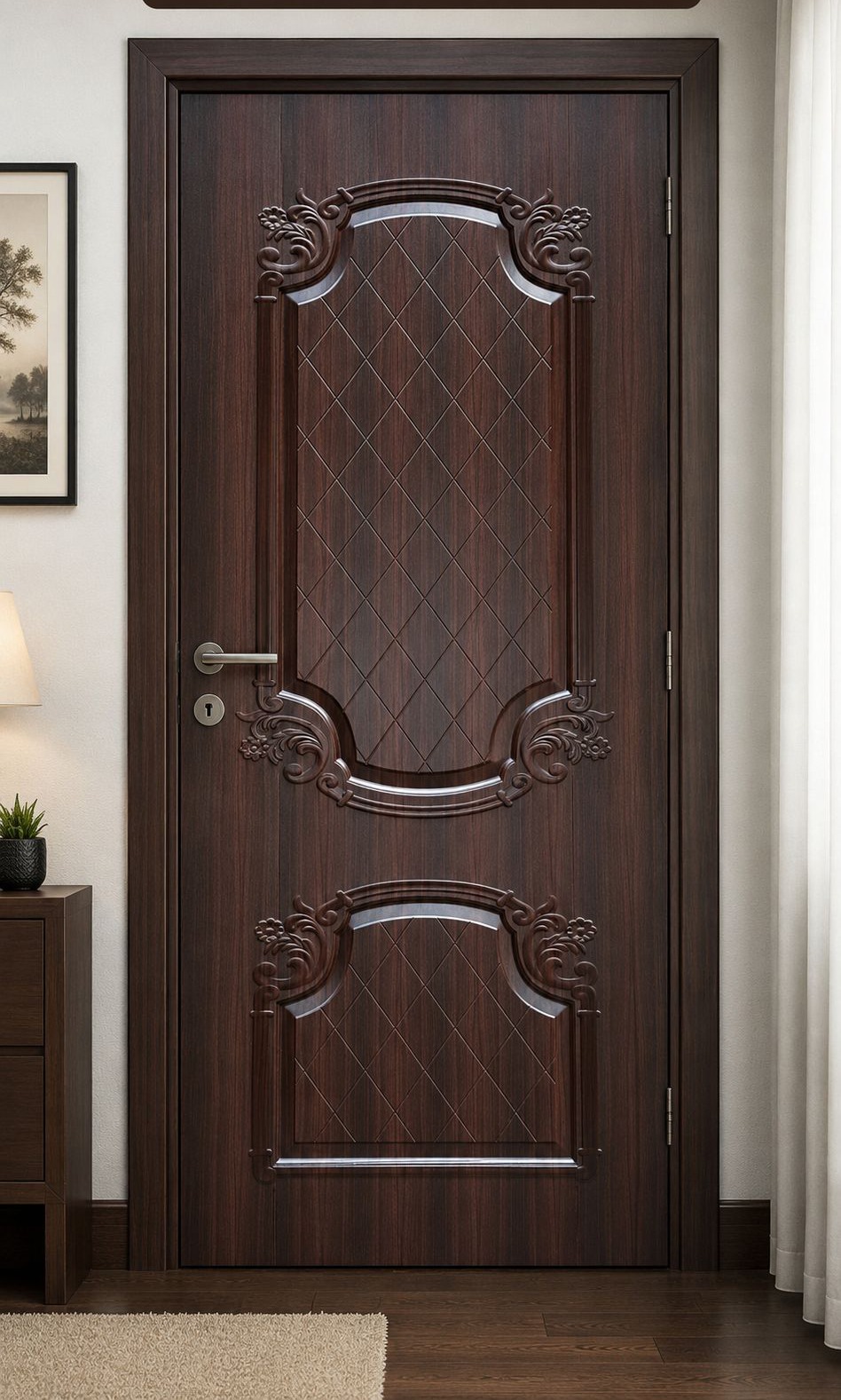 Espresso walnut melamine door with diamond lattice centre panel