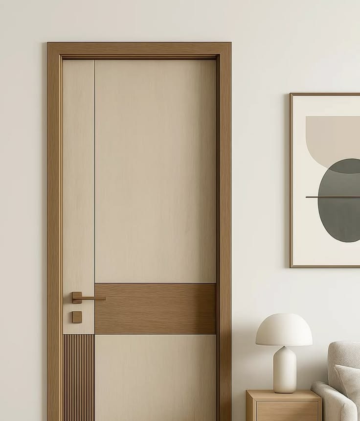 Light oak door with walnut inlay band and fluted corner panel