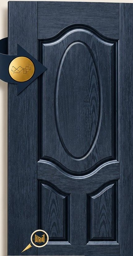 Navy blue Malaysian door with oval centre panel and oak grain texture