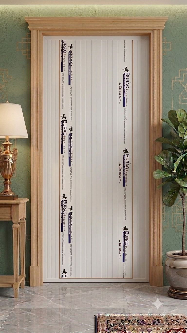 Ivory PVC door with vertical fluted panel in a wooden frame