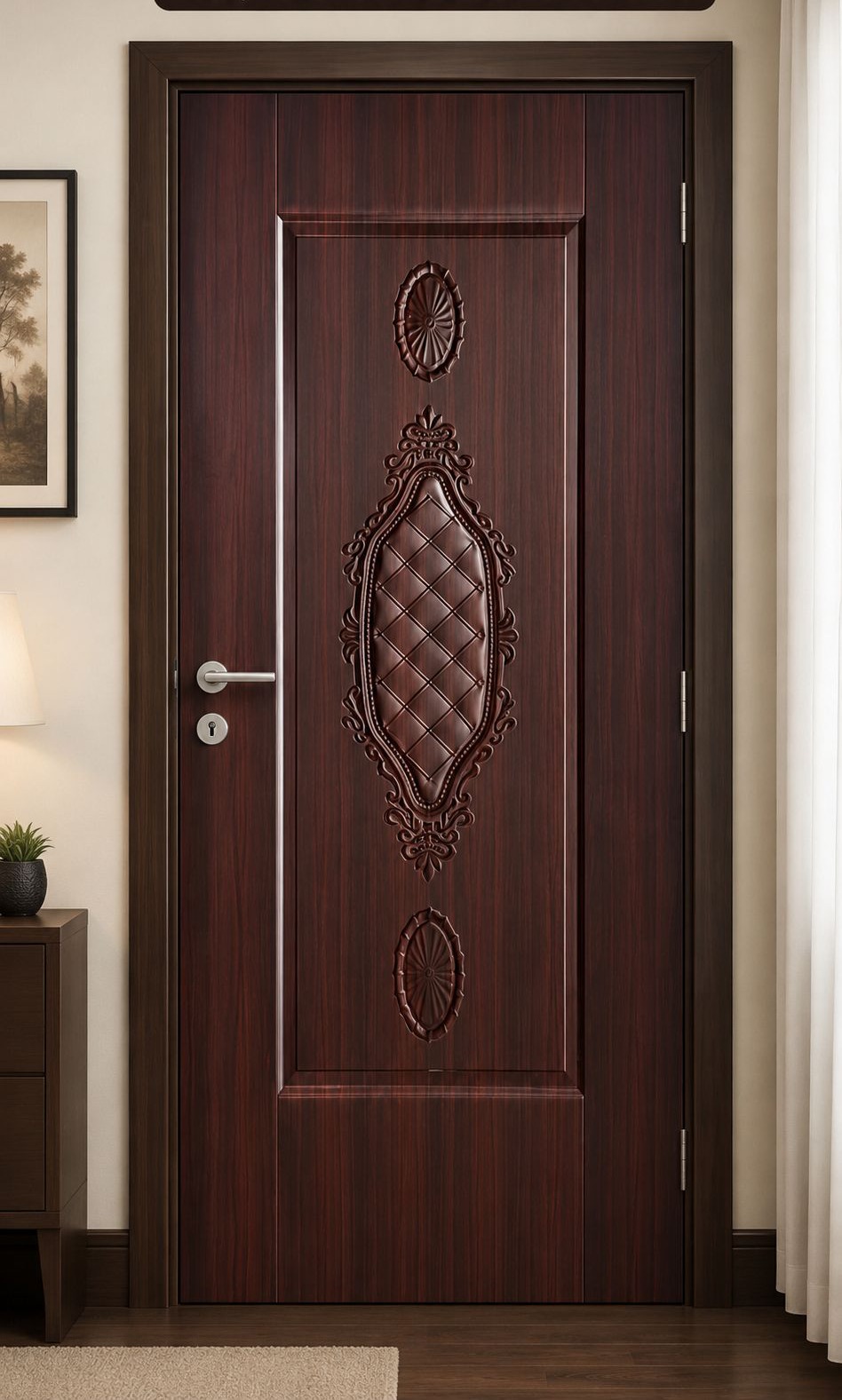 Mahogany melamine door with a raised oval medallion and lattice centre