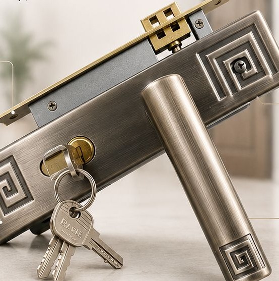 Gold door handle lockset with Greek key engraved plate