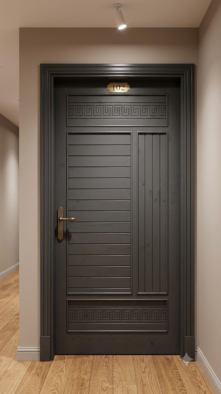 Charcoal painted solid door with carved Greek key bands and brass plate lock