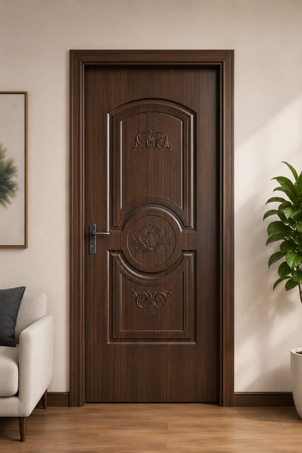 Walnut interior door with arched panel and circular carved motif