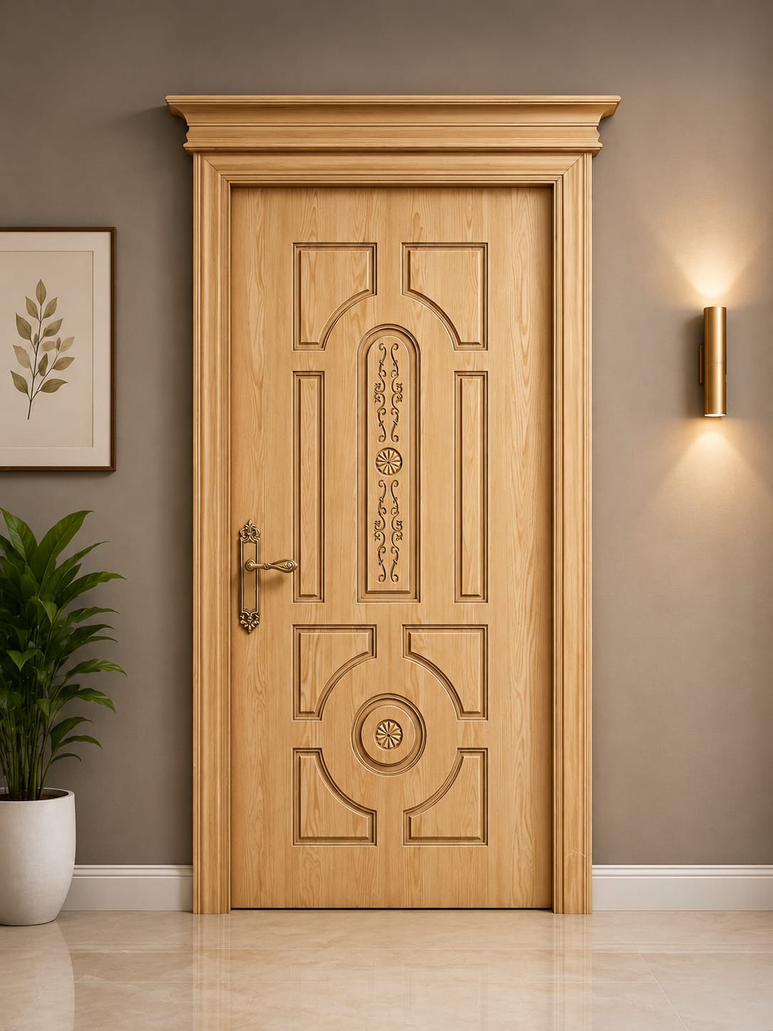 Light oak carved panel door with brass handle in a modern hallway