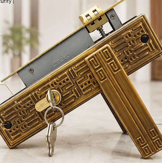 Satin nickel door handle with engraved Greek key backplate
