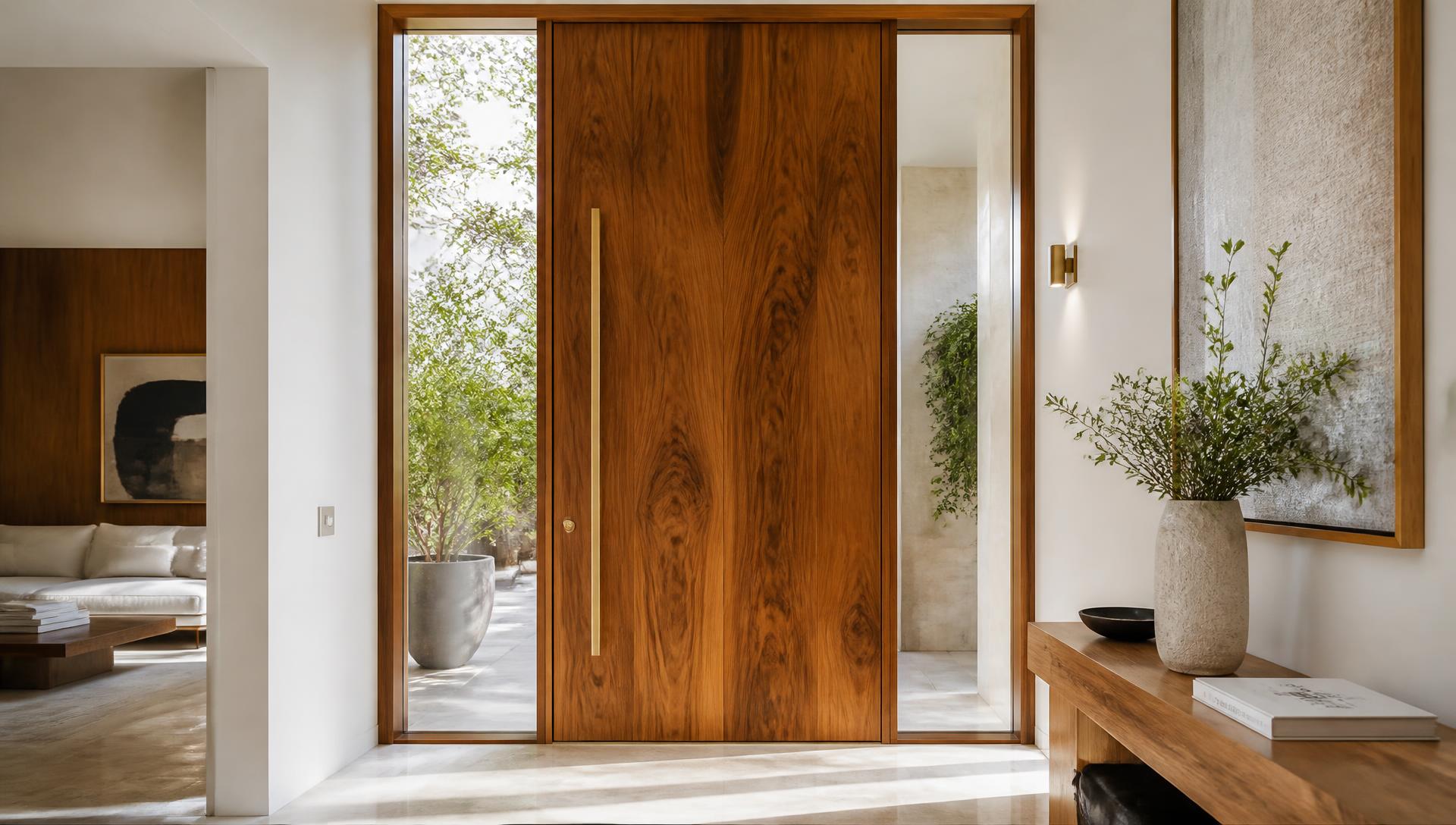 Natural walnut wood entrance door in a modern white interior