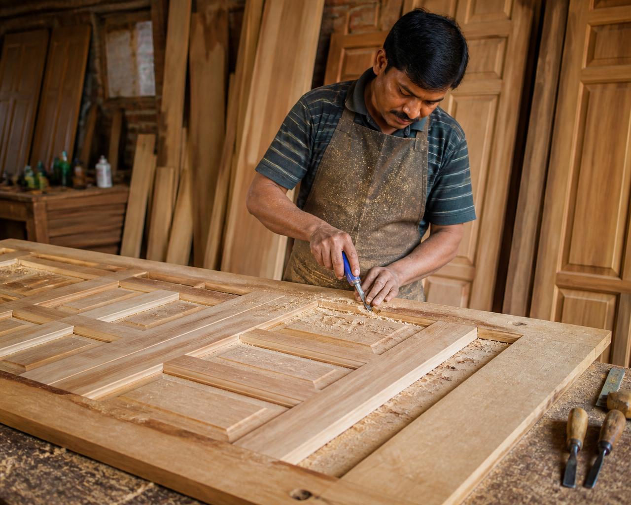 Carpenter measuring a door panel on a workshop bench